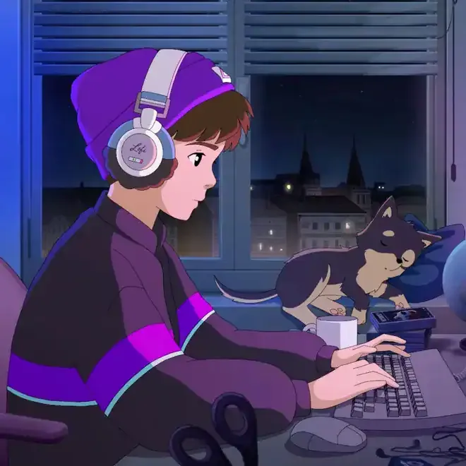 Young person with headphones working on a laptop at night, with a cat sitting on a nearby desk, city skyline visible through