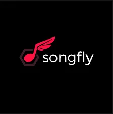 Songfly logo with pink musical note icon and black background, representing music platform branding.