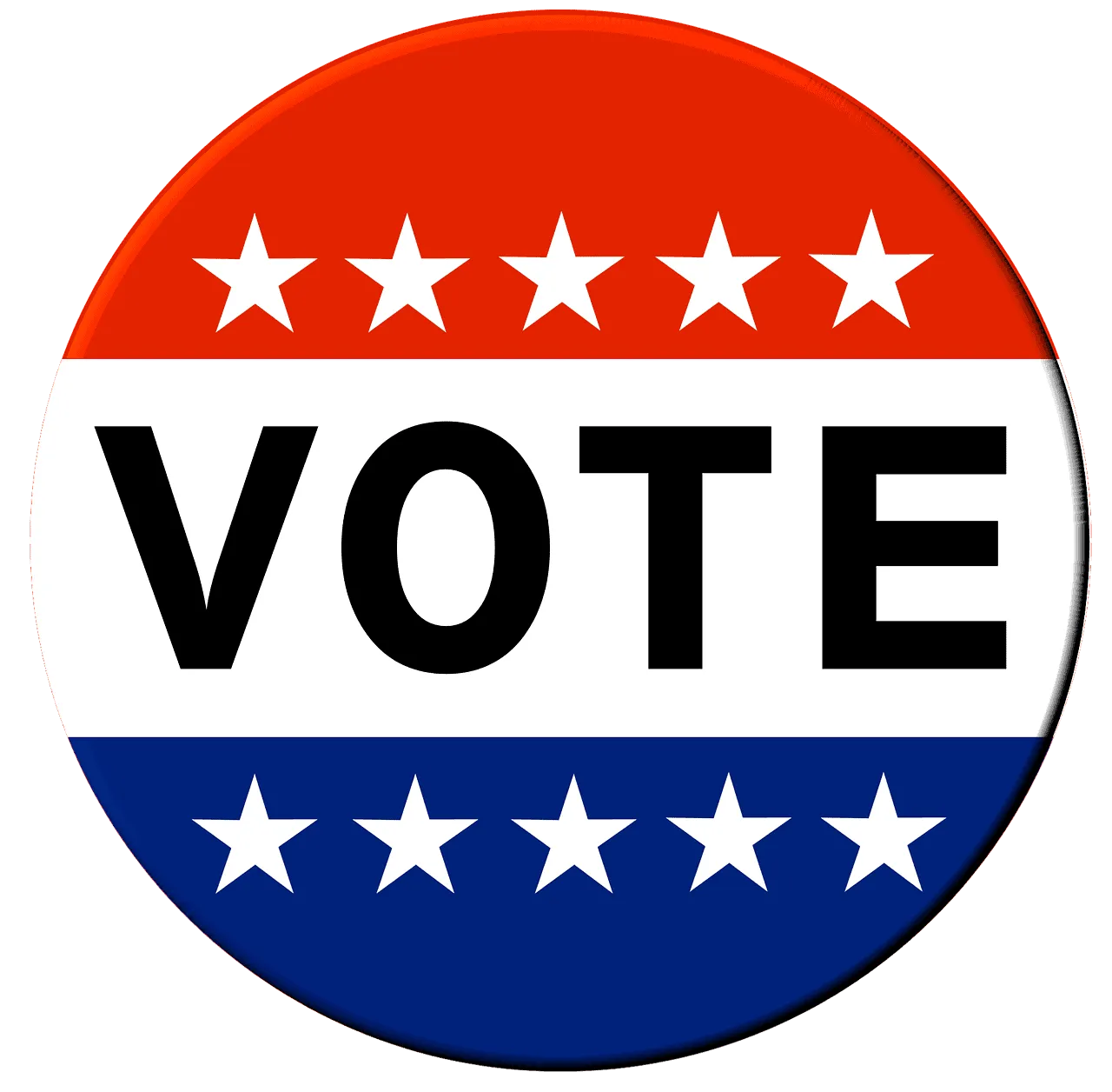 Voter campaign button with red, white, and blue patriotic design, featuring stars and bold "VOTE" text, encouraging political