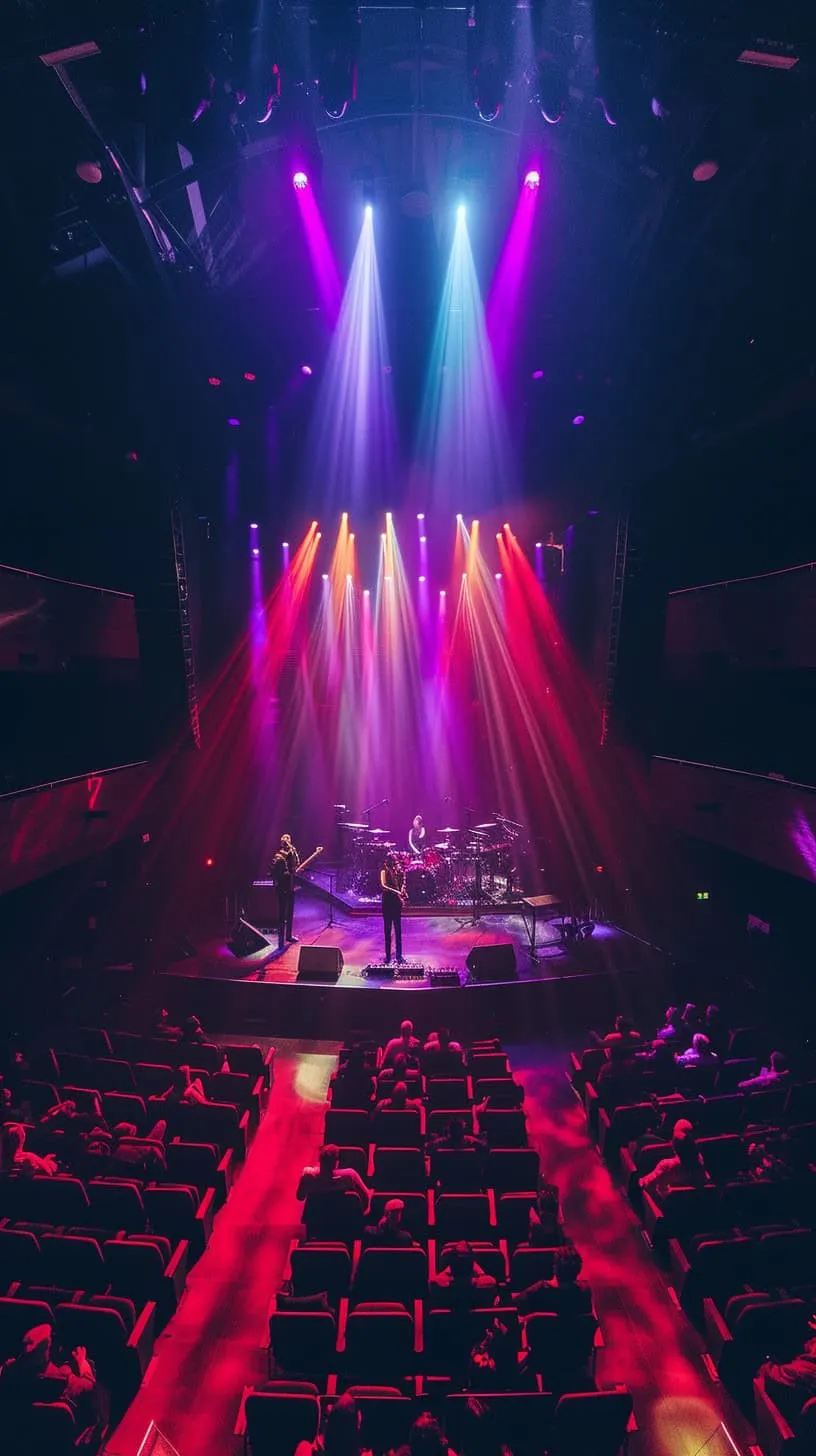 Night concert stage with colorful lighting effects and musicians performing live, vibrant music event, entertainment, concert