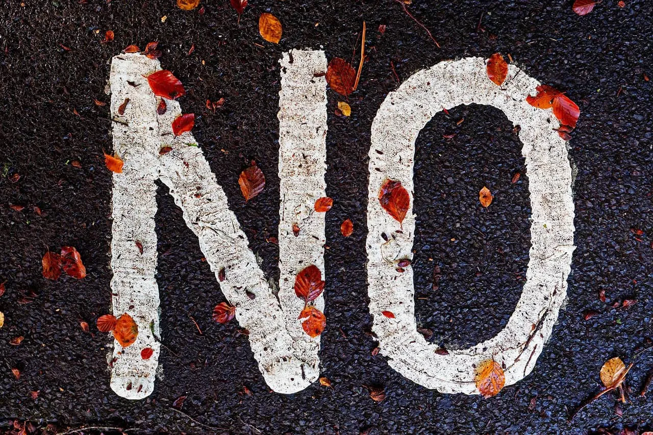 Nose painted on asphalt with autumn leaves, symbolizing a stop or caution symbol, outdoor urban scene, weathered road marking