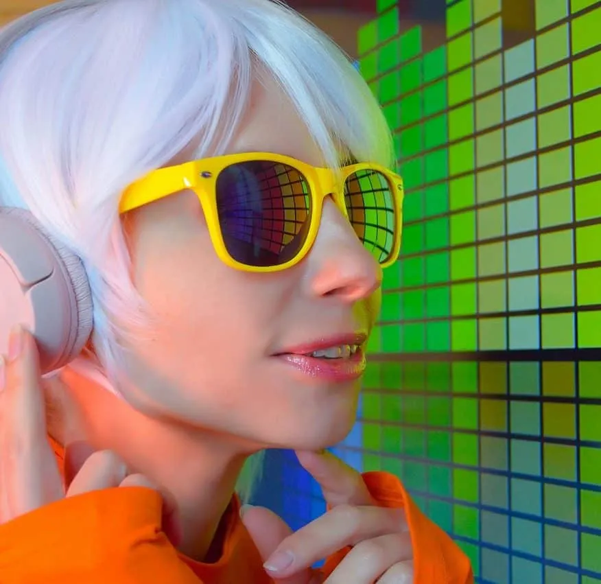 Tech-savvy woman with white hair wearing yellow sunglasses and headphones, vibrant digital music wall background, modern elec