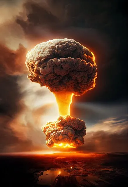 A dramatic image of a nuclear explosion with massive mushroom cloud and fiery glow, illustrating environmental and geopolitic