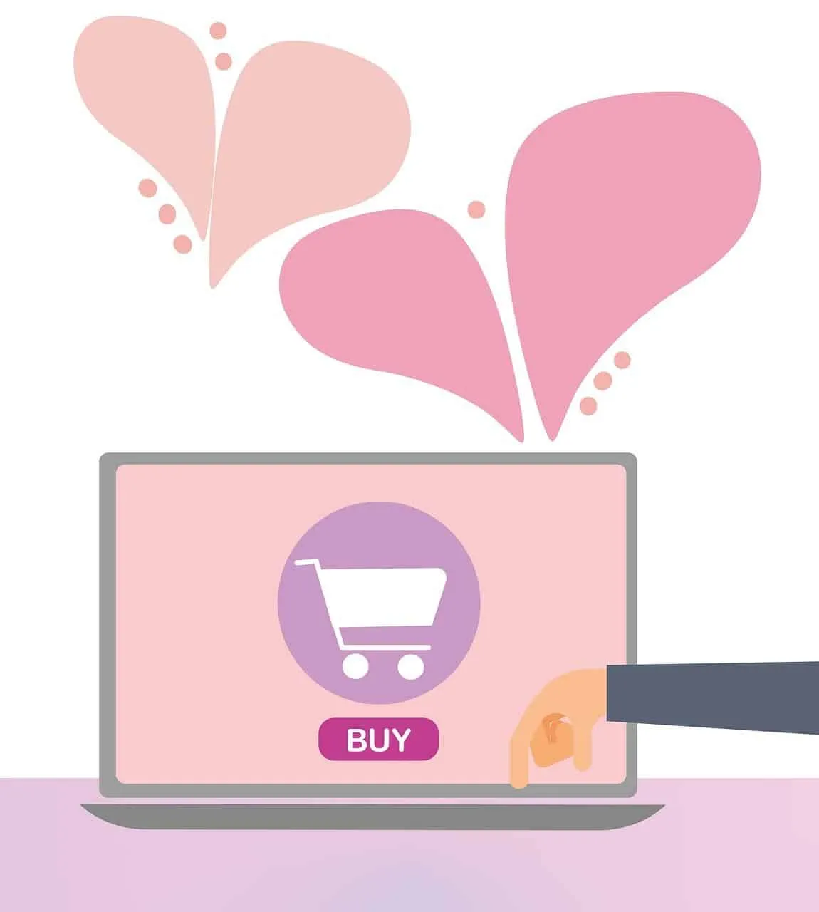 Cute digital illustration of a laptop with a shopping cart icon and a buy button, representing online shopping or e-commerce,