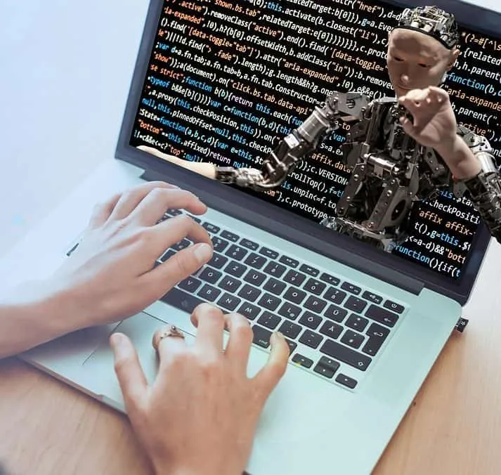 AI robot hand emerging from laptop screen coding on screen - AI, robotics, programming, technology innovation.