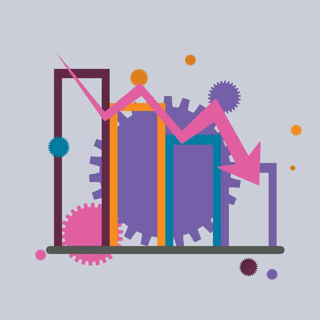 Declining business graph with gears and a pink downward trend arrow illustrating market analysis and economic challenges.