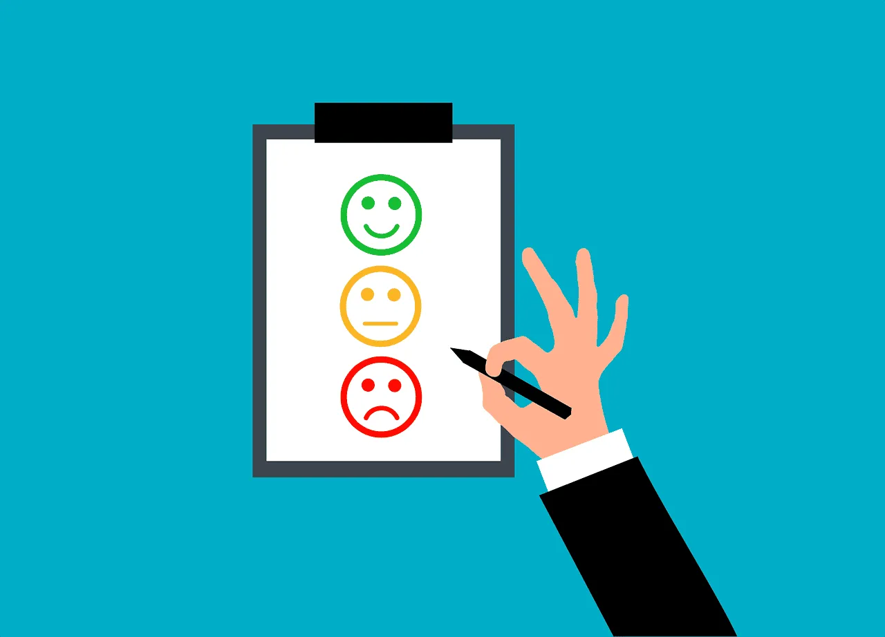 Smiling face rating survey illustration, happiness and feedback concept, colorful emoticons on clipboard, hand holding pen fo