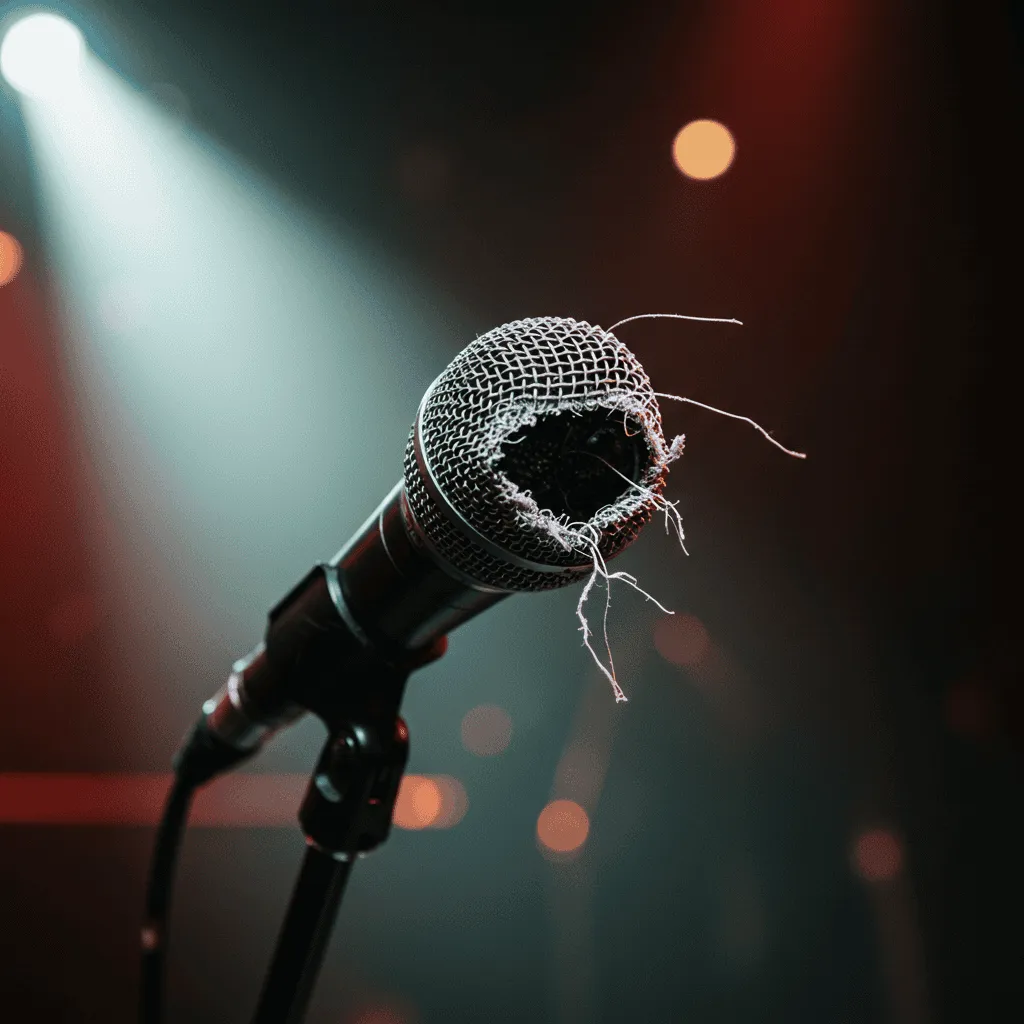 Microphone with torn grille on stage, damaged microphone, unplugged microphone in a concert setting, broken microphone on sta