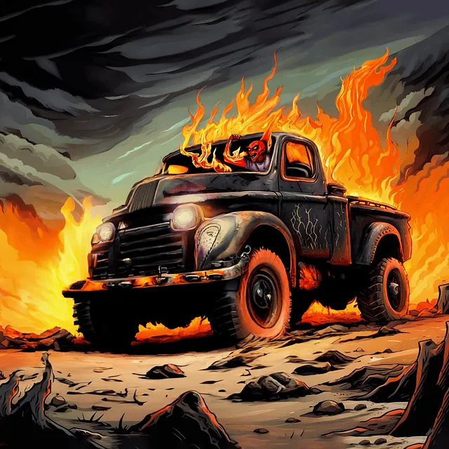 Fire truck engulfed in flames during intense wildfire, apocalyptic scene with dramatic clouds, destruction, and chaos, vintag