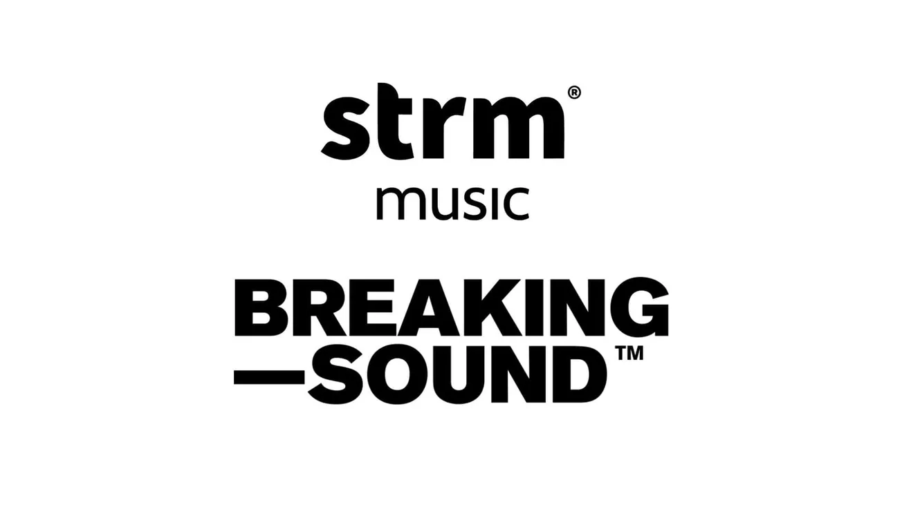 Bold black and white logo of STRM Music featuring the title "Breaking Sound," representing innovative music industry trends a