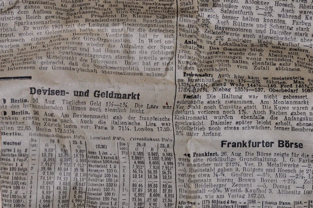 German newspaper article with stock market data and financial news, vintage newspaper style, black and white, detailed text,