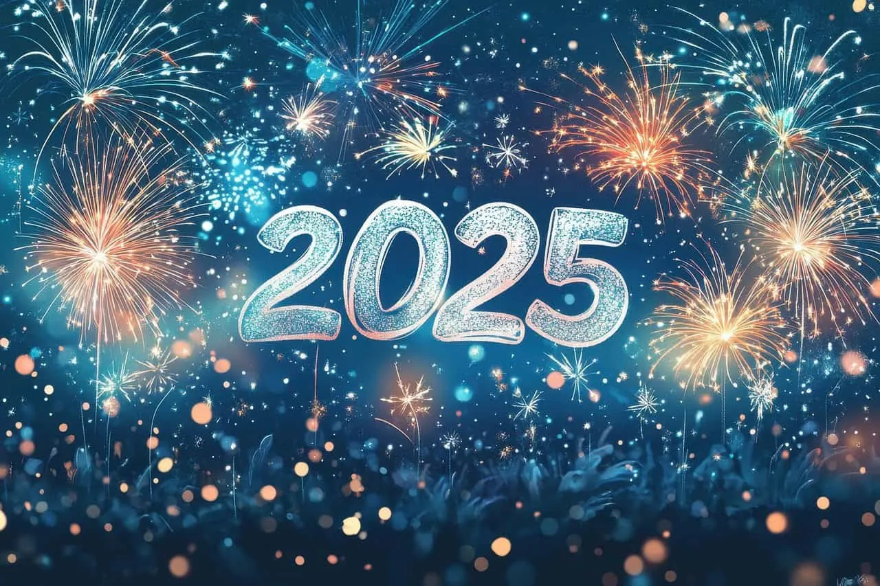 Fireworks display celebrating New Year 2025 with sparkling lights and vibrant colors, festive background, digital art featuri