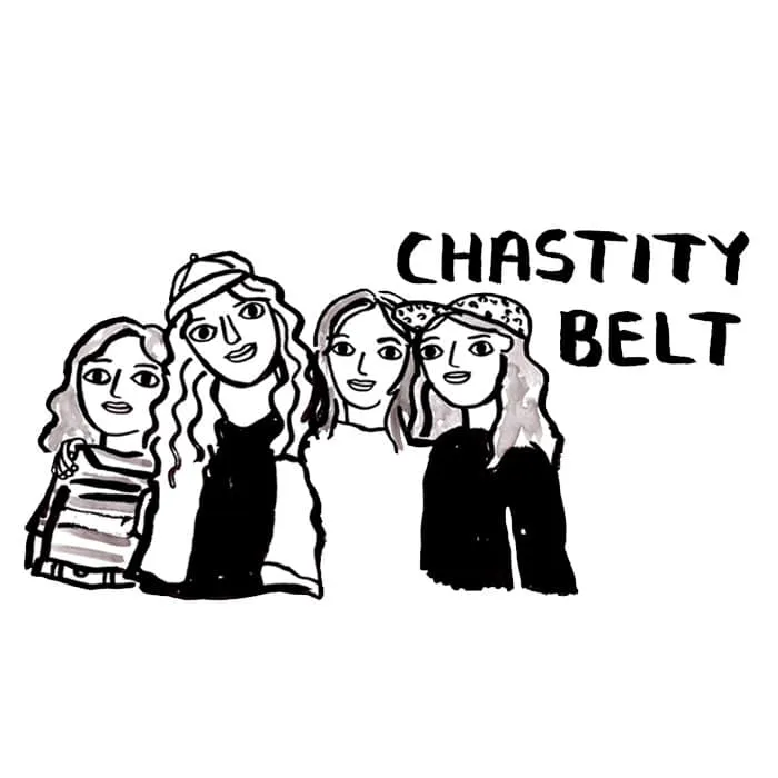A black and white illustration of four girls with the text "Chastity Belt" in bold letters. The image suggests themes of empo