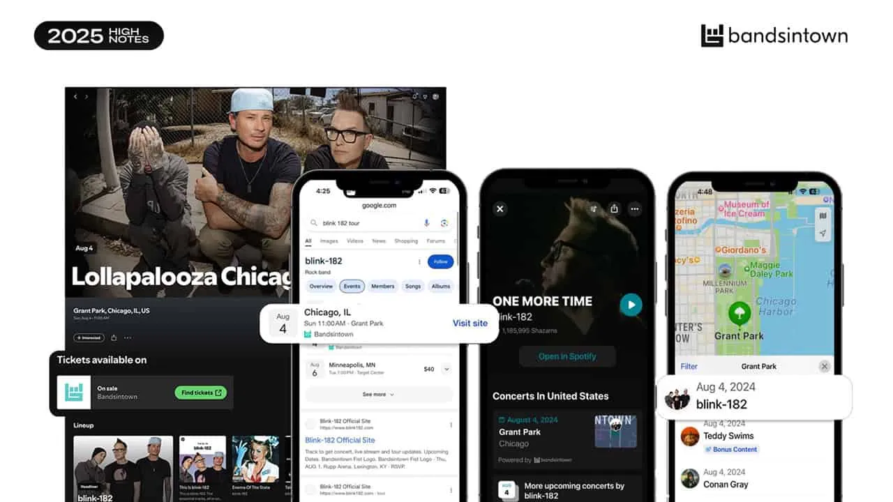 Live concert tickets for blink-182's Chicago show at Grant Park on August 4, 2024, available on Bandsintown app.