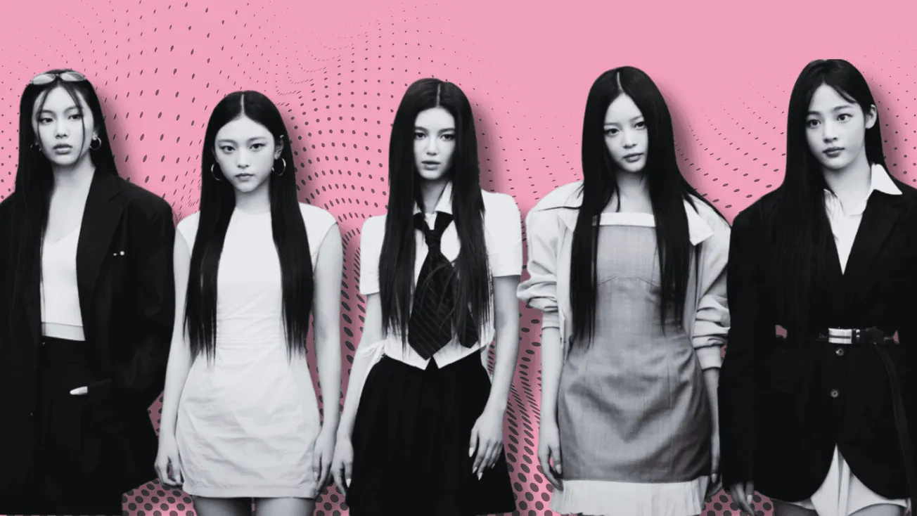 Stylish K-pop girl group members in black and white outfits with a vibrant pink pop art background, showcasing trending music