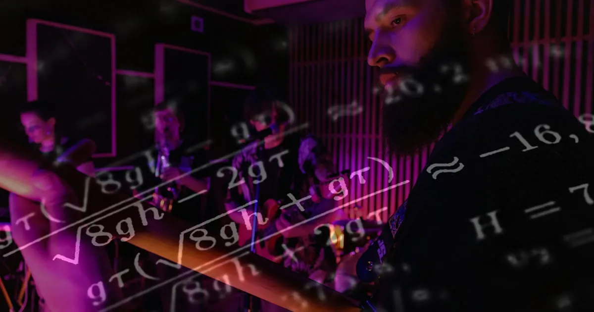 musician playing with band, and math floats around him.