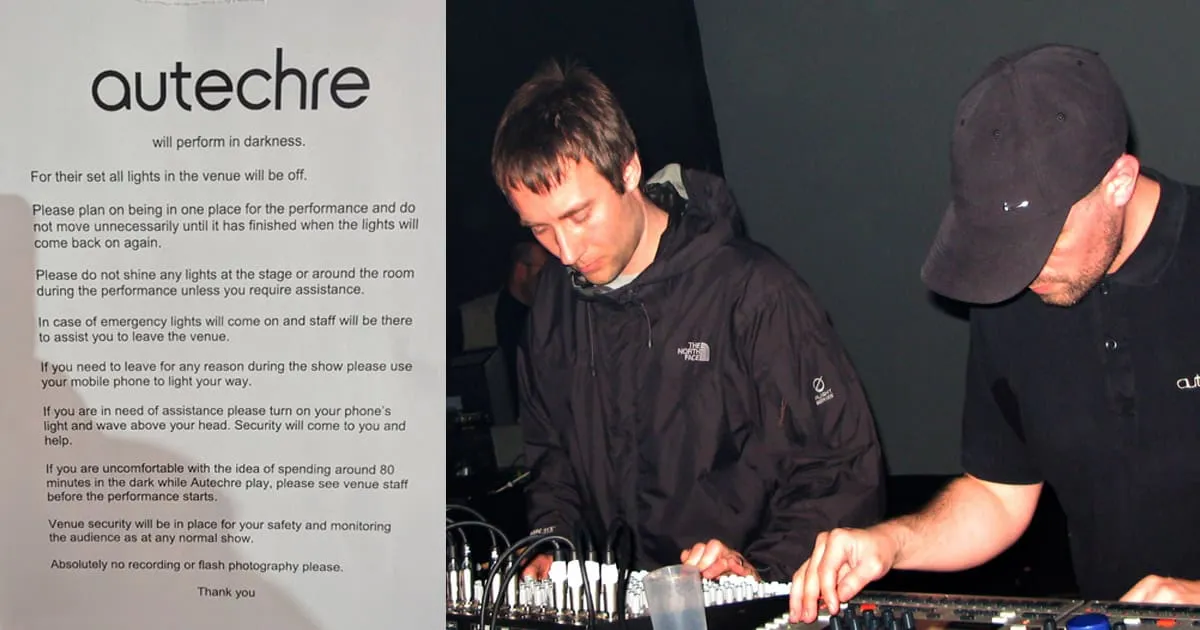 Dark performance setting with two DJs controlling music equipment, dim lighting, and a detailed Autechre performance instruct