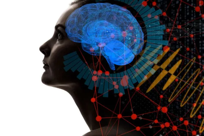 A futuristic digital illustration of a person's profile with a glowing blue brain overlay, connecting data points, neural net