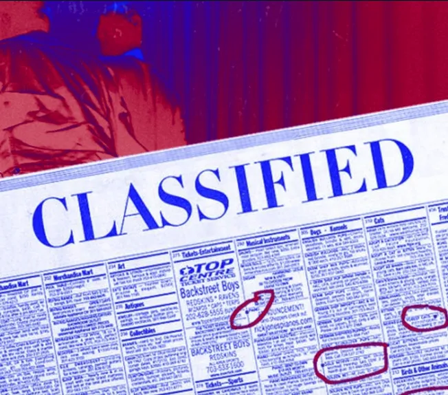 Classified newspaper ad with red and blue highlights, emphasizing Advertisement Clipping and hidden details, featuring keywor