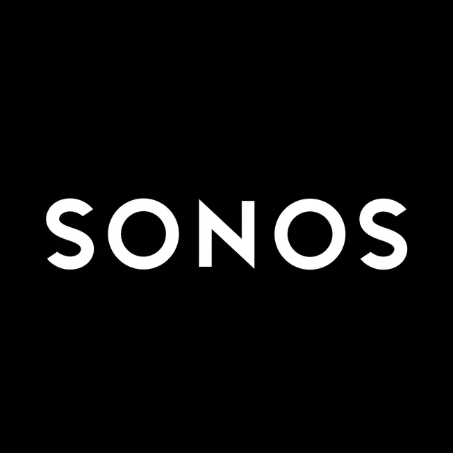 Sonos logo, smart speaker brand, modern audio technology, black background, wireless sound system.