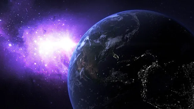 Vibrant view of Earth from space with a purple cosmic nebula in the background, showcasing the beauty of outer space and the