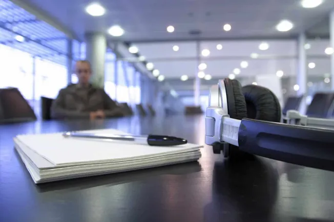 SKU search meeting room with headphones, documents, and conference table, modern office environment, blurred background, prof
