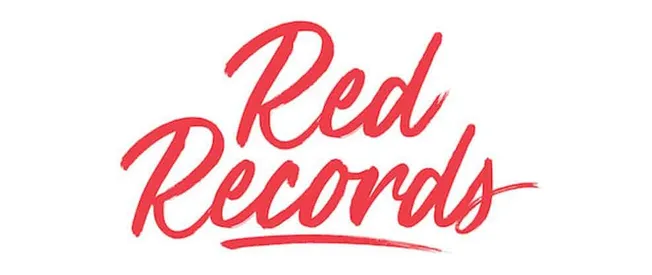 Red records logo, music industry branding, record label, vibrant red text, stylized music company branding.