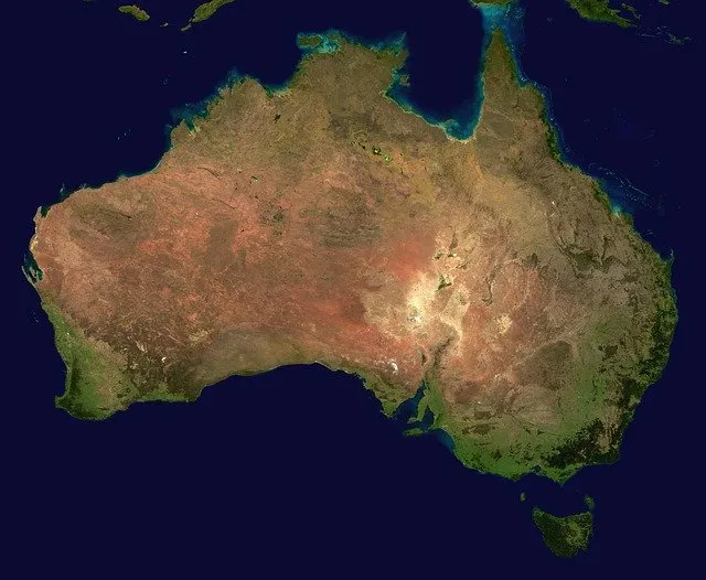 Australia satellite map showcasing diverse landscapes and geography, highlighting major cities and natural features. Perfect