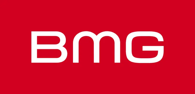 BMG music label logo on a red background, representing a major global music company and record label with a focus on music pu