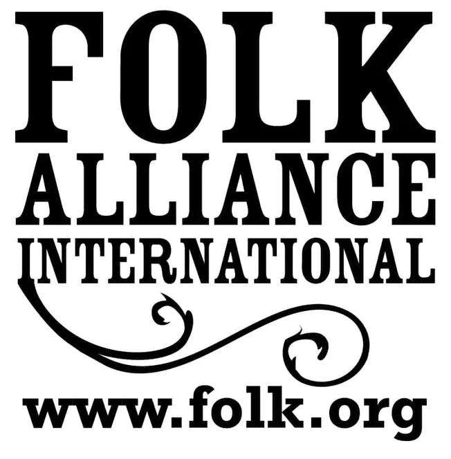 Folk Alliance International logo featuring bold black text and decorative swirl design, promoting folk music and artist commu