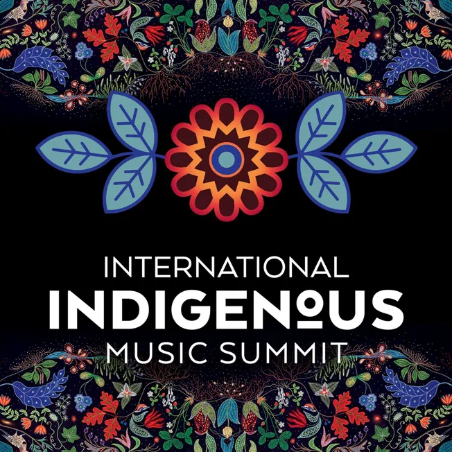 Colorful indigenous art design promoting the International Indigenous Music Summit event.