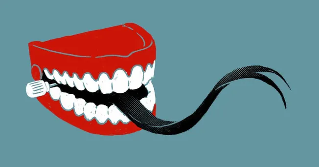Acrylic teeth graphic with black toothbrush tongue on a teal background, representing dental care, oral hygiene, and dentistr