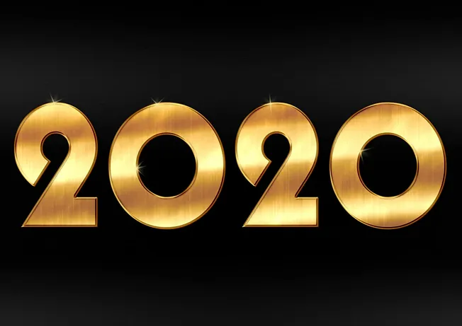 Golden 2020 numbers with a shiny metallic finish and sparkling highlights on a black background.