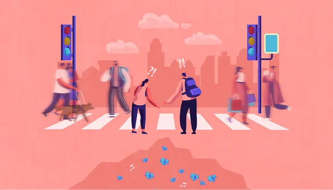 Crucial role of music and social interaction in urban city life, featuring diverse pedestrians, crosswalks, traffic signals,