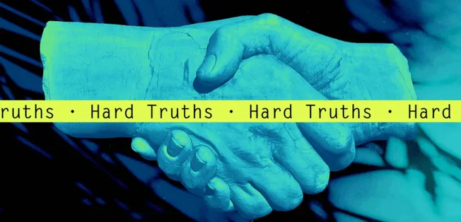 Handshake image symbolizing truth and hard truths in music and culture, with bold text overlay emphasizing the theme of confr