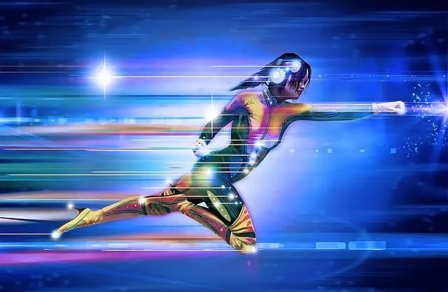 Futuristic female athlete with digital effects running at high speed, symbolizing innovation and technology in sports and mus