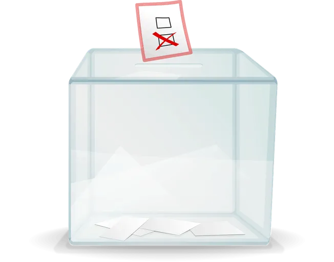 Voting ballot being cast into a transparent ballot box with a red checkmark and cross icon, symbolizing voting, elections, or