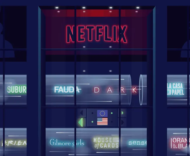 Netflix neon sign at night with surrounding movie posters, reflecting a vibrant entertainment district.