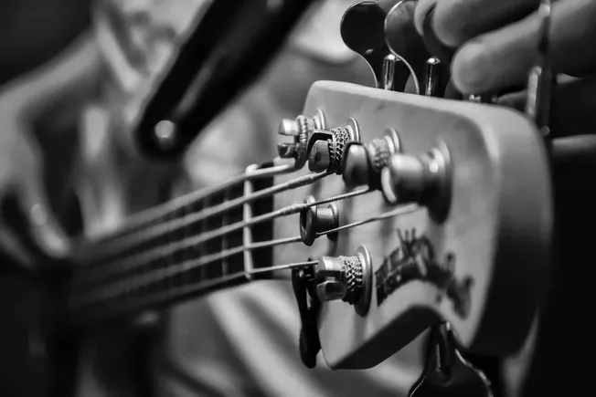 Close-up of a guitar headstock with tuning pegs and strings, black and white, focusing on musical instrument details.