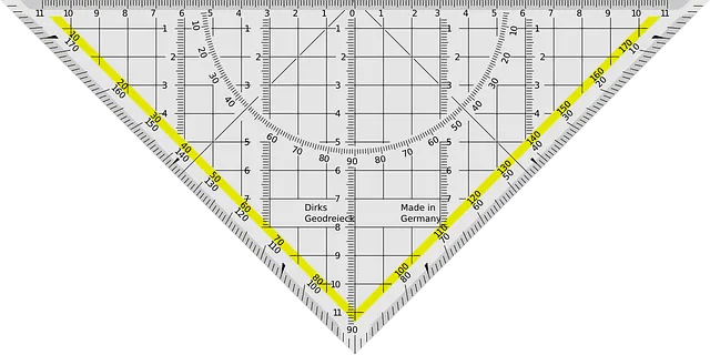 Protractor with measurement markings and angle guide, used for technical drawing and geometry studies.