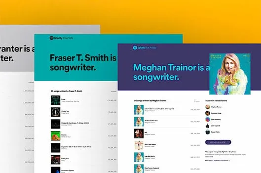 A digital graphic showcasing Spotify artist profiles, including Meghan Trainor and Fraser T. Smith, with a bright background