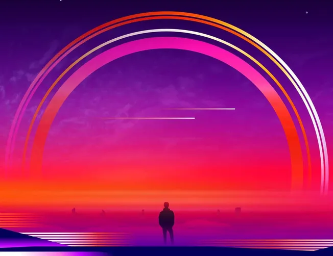 Vibrant digital sunset with neon rainbow arcs, a silhouetted person, and futuristic landscape, illustrating innovative music