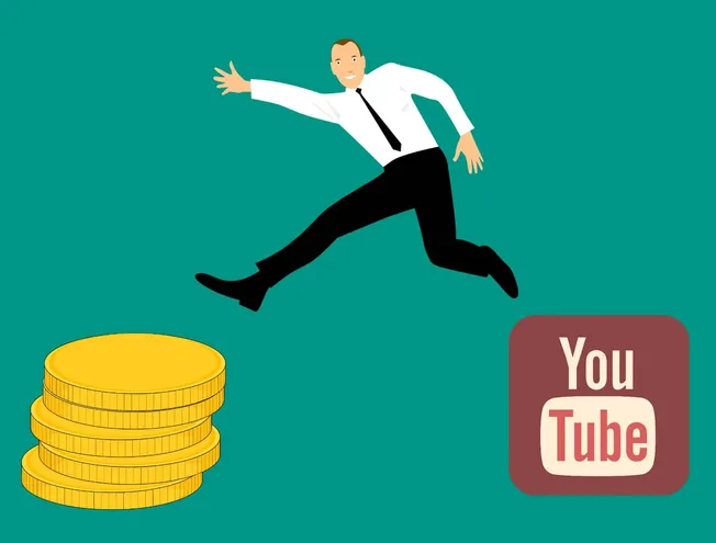 Investor man jumping over coins toward YouTube logo, digital media, content creation, monetization, online video platform, mu