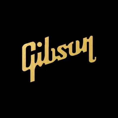 Gibson logo on a black background, representing a well-known brand in the music industry and guitar manufacturing.