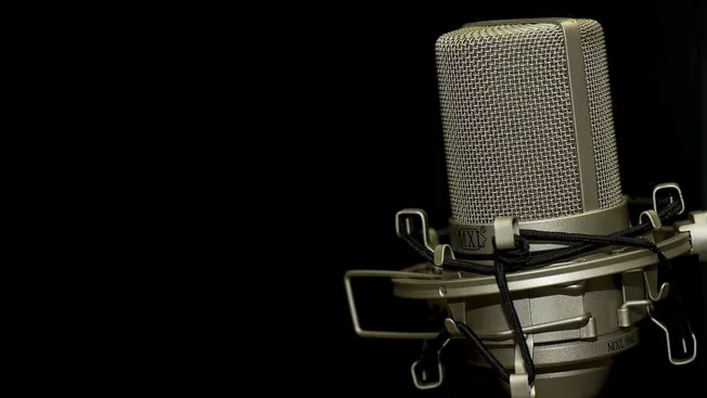 High-quality studio microphone on a shock mount against black background, ideal for professional recording, podcasts, and mus