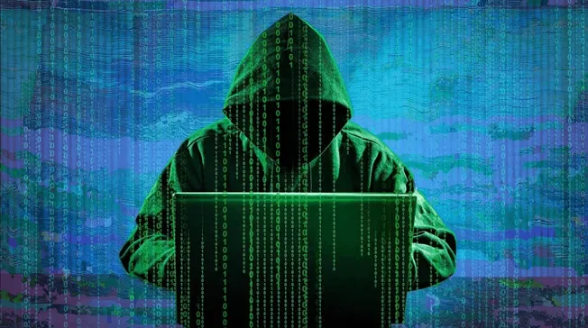 Hacking, cybersecurity, hacker in hoodie working on laptop with digital code background, cyber security threat, data protecti