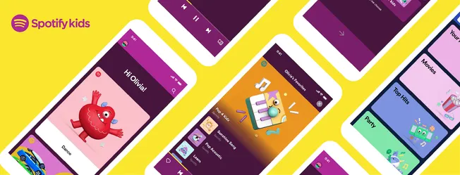 Bright mobile app screens of Spotify Kids featuring colorful cartoon characters and playlists, showcasing child-friendly musi