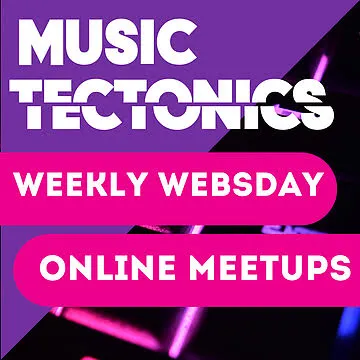 Innovative music technology event poster showcasing weekly webinars and online meetups for music industry professionals and e