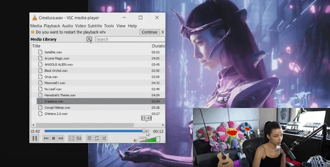 Synthetic fantasy character with futuristic digital art in a neon-lit cyberpunk city background.