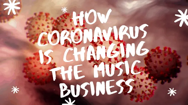 Virus particles with overlaid text about COVID-19 and music industry changes.